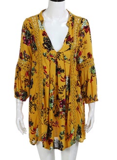 Boho Floral Print Long Sleeves Maxi Dress Yellow
