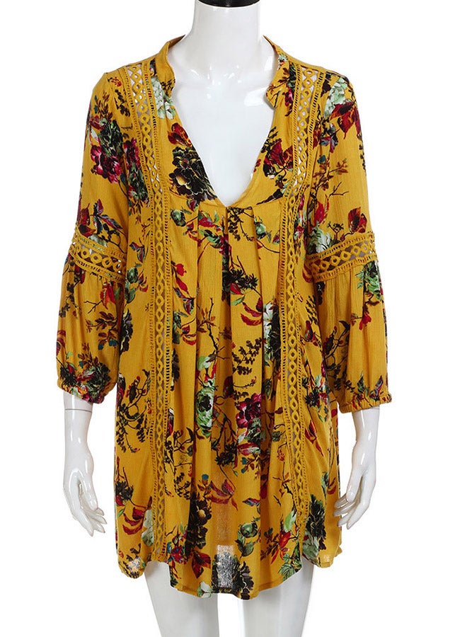 Generic - Boho Floral Print Long Sleeves Maxi Dress Yellow - Image 1