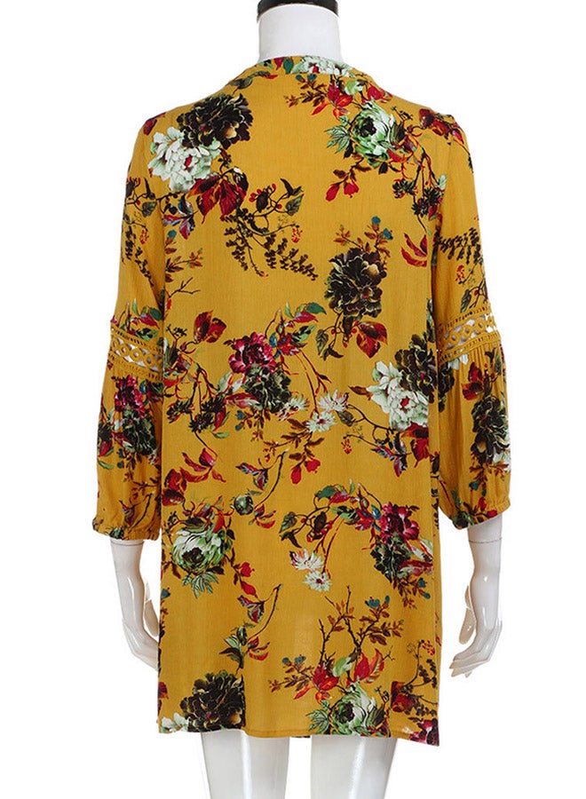 Generic - Boho Floral Print Long Sleeves Maxi Dress Yellow - Image 1