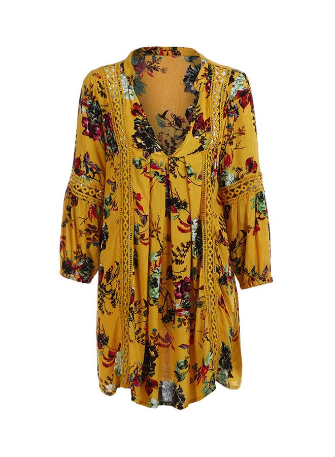 Generic - Boho Floral Print Long Sleeves Maxi Dress Yellow - Image 1