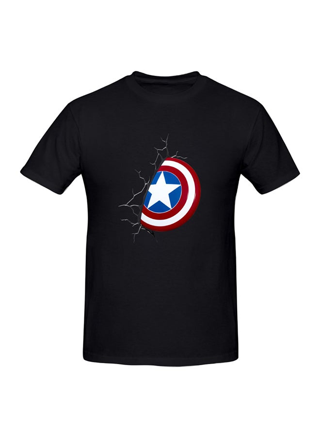 Comics 3D Captain America Shield Wall Printed Cotton Short Sleeve T-Shirt Black - Image 1