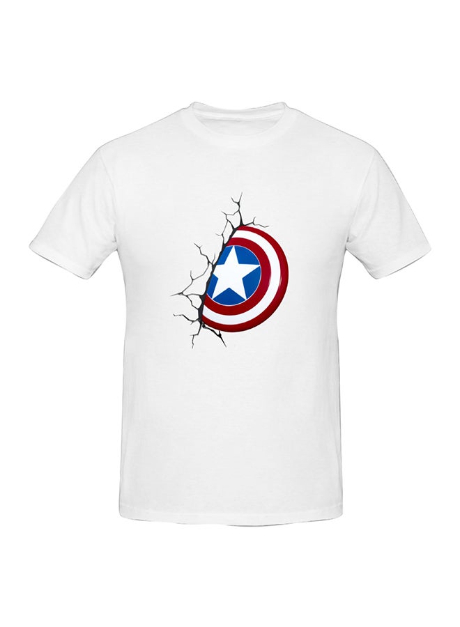 Comics 3D Captain America Shield Wall Printed Cotton Short Sleeve T-Shirt White  - Image 1