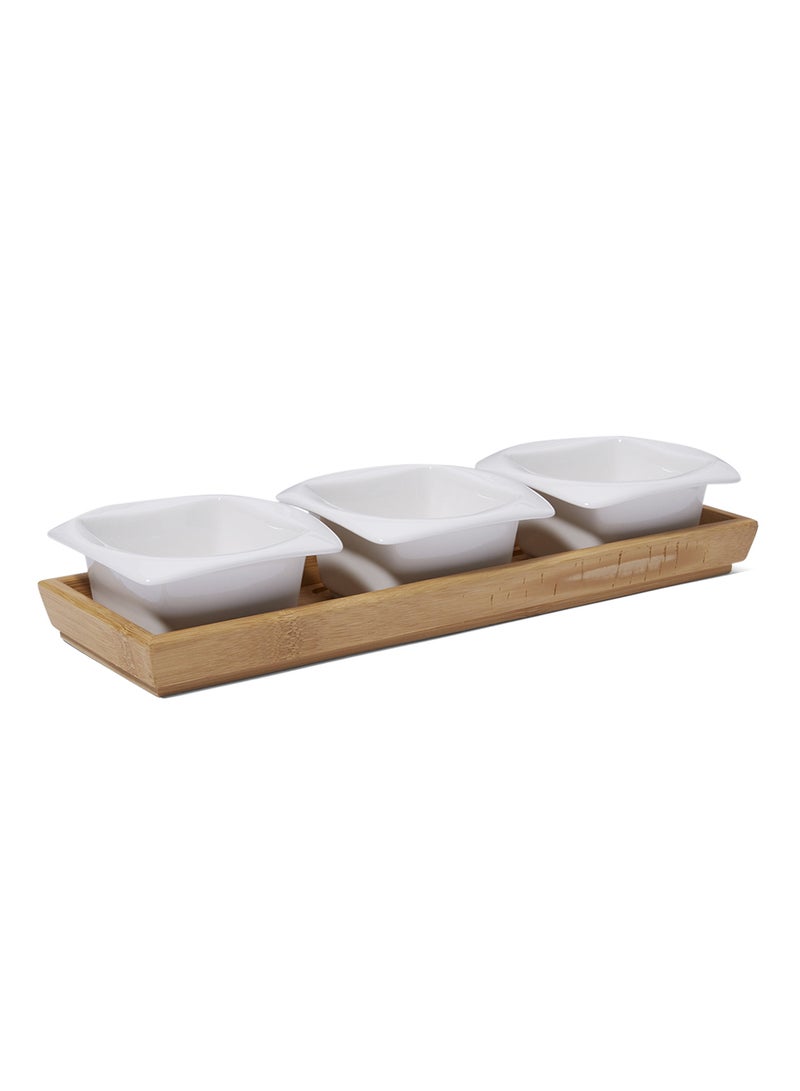 SYMPHONY 4-Piece Square Serving Bowl Set With Bamboo Tray White 10 x 4.8centimeter - Image 1