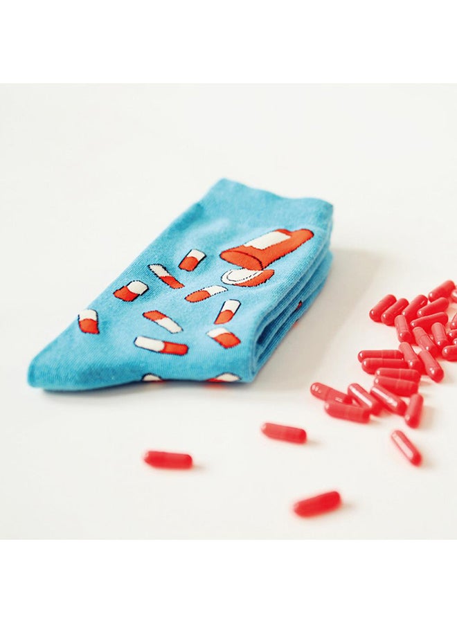 Bluelans Creative Pill Pattern Elastic Cotton Socks Blue/Red/White - Image 3