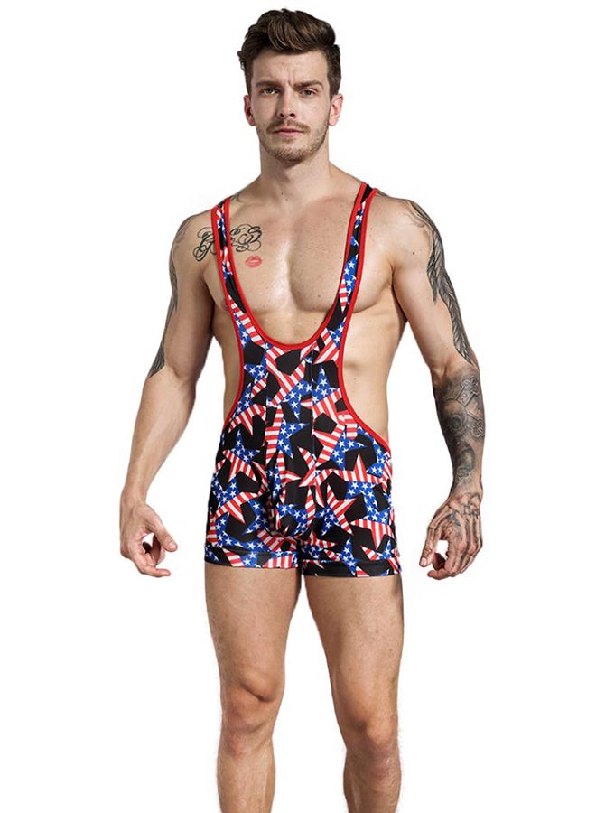بلولانز بدلة جسم للمصارعة بخصر مرتفع مطبوع عليها العلم الأمريكي أزرق/أحمر/أبيض - Image 1