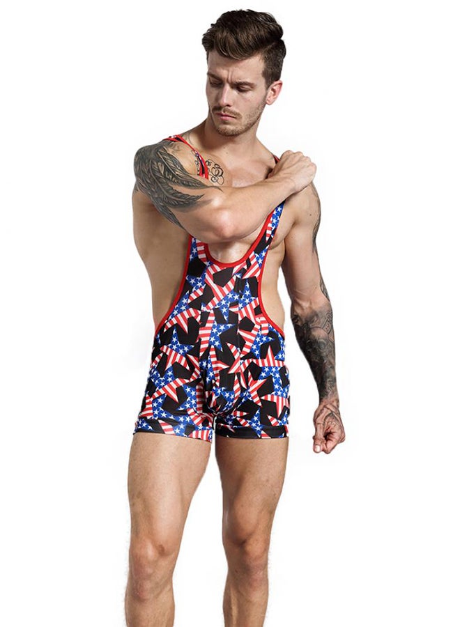 بلولانز بدلة جسم للمصارعة بخصر مرتفع مطبوع عليها العلم الأمريكي أزرق/أحمر/أبيض - Image 3