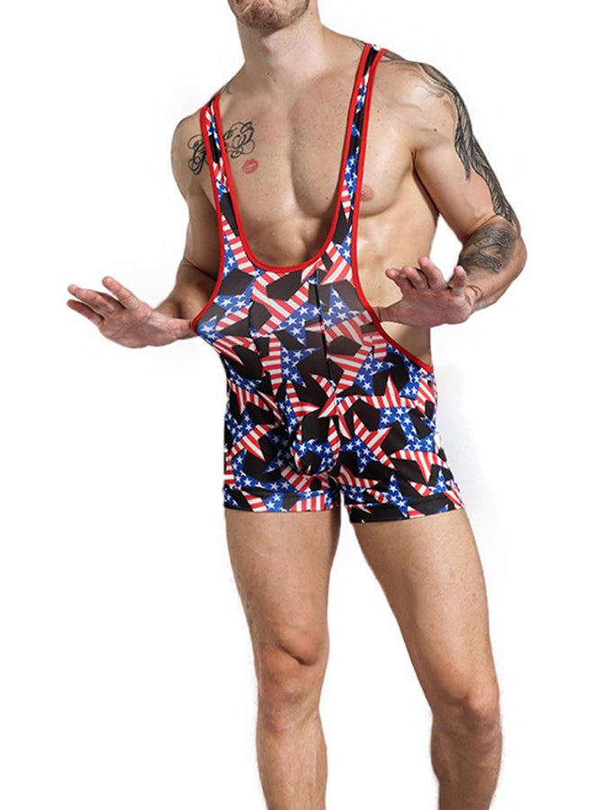 بلولانز بدلة جسم للمصارعة بخصر مرتفع مطبوع عليها العلم الأمريكي أزرق/أحمر/أبيض - Image 4