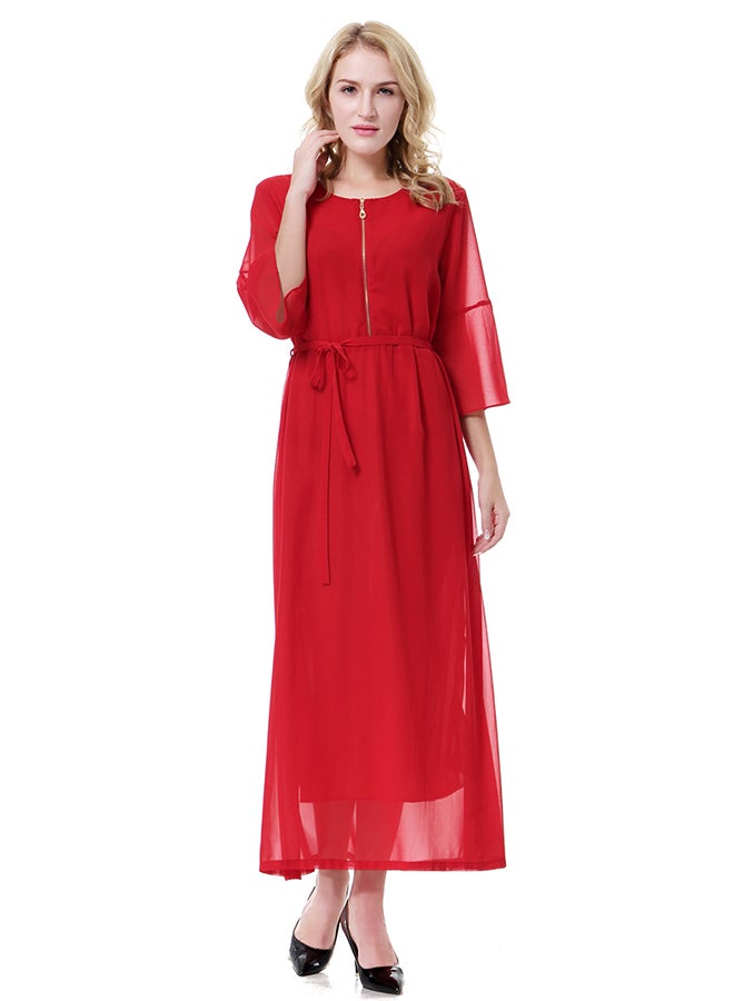 Zip-up Chiffon Maxi Dress Red  - Image 1