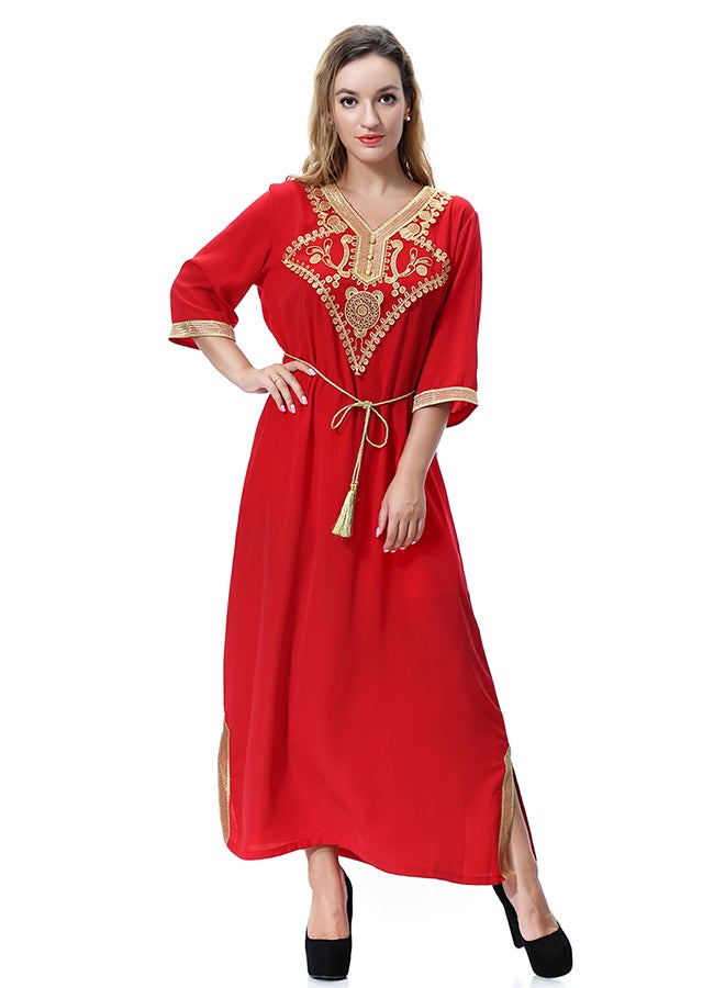 Solid Color Robe Maxi Dress Red  - Image 1