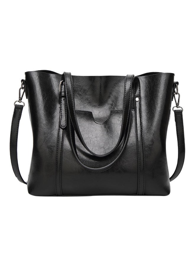 PU Leather With Front Purse Pocket Tote Bag Black  - Image 1