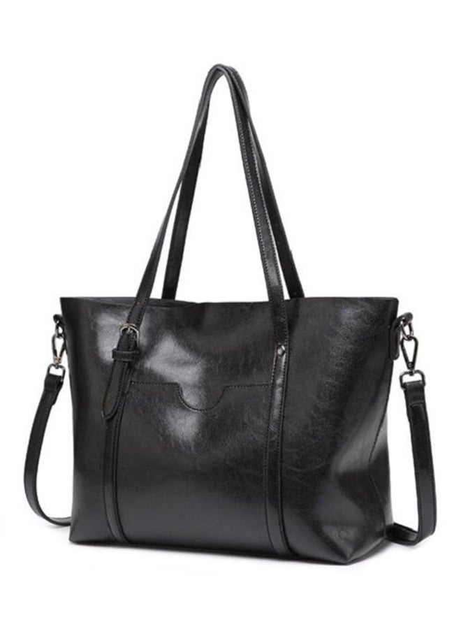 PU Leather With Front Purse Pocket Tote Bag Black  - Image 2
