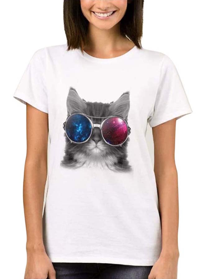 1st Piece Kitty With Sunglass Design Short Sleeve T-Shirt White  - Image 1