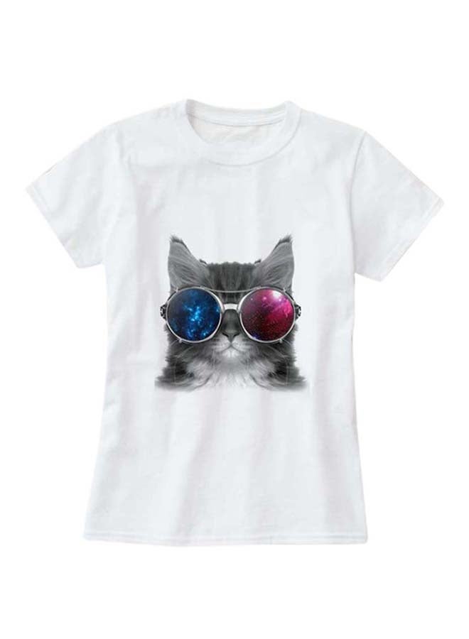 1st Piece Kitty With Sunglass Design Short Sleeve T-Shirt White  - Image 2