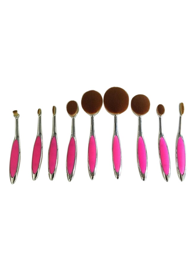 10-Piece Professional Shiny Oval Makeup Brush Set Pink/Silver - Image 2