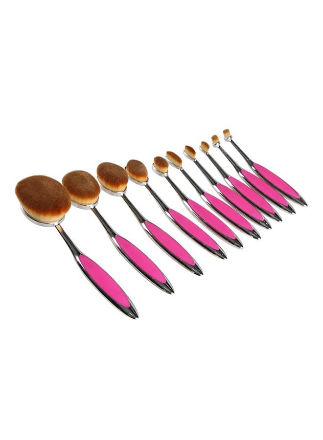 10-Piece Professional Shiny Oval Makeup Brush Set Pink/Silver - Image 1