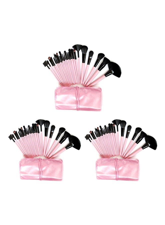 Set Of 3 (24-Piece Each) Makeup Brush Set With Bag Pink/Black