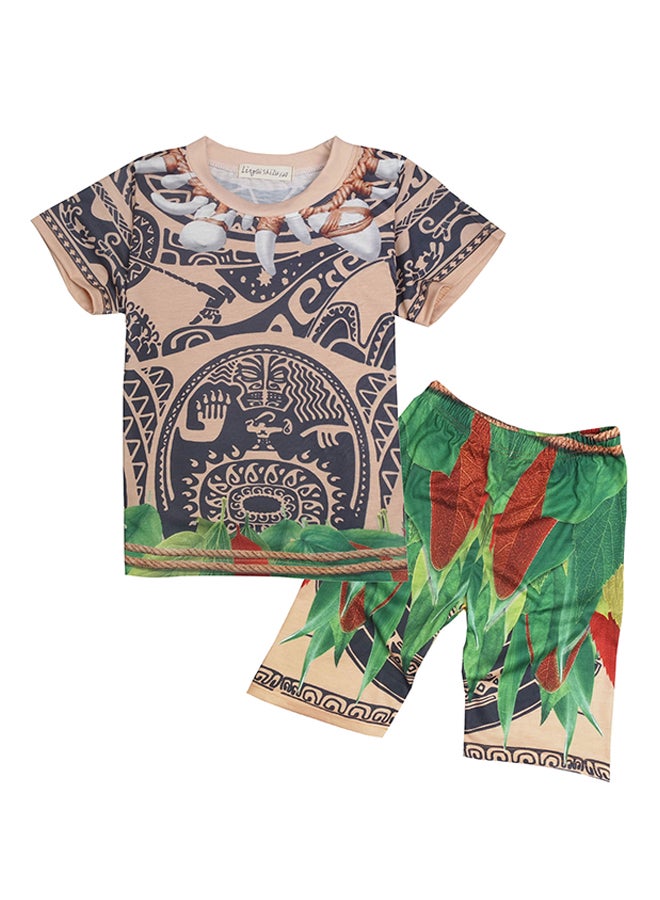 Summer  Short Sleeves T Shirt And Shorts Set Brown/Green - Image 1