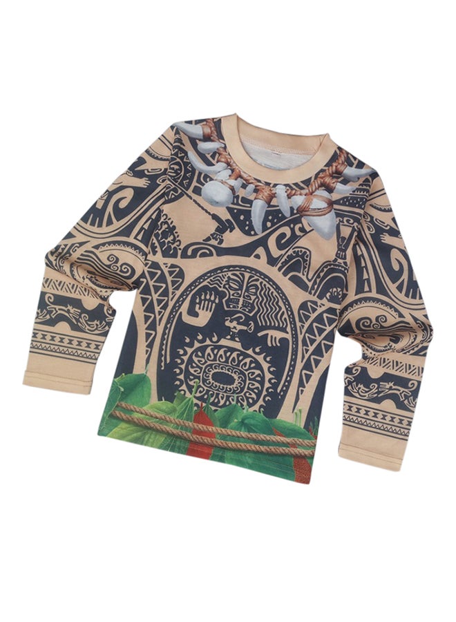 Summer  Long Sleeves T Shirt And Shorts Set Brown/Green - Image 3