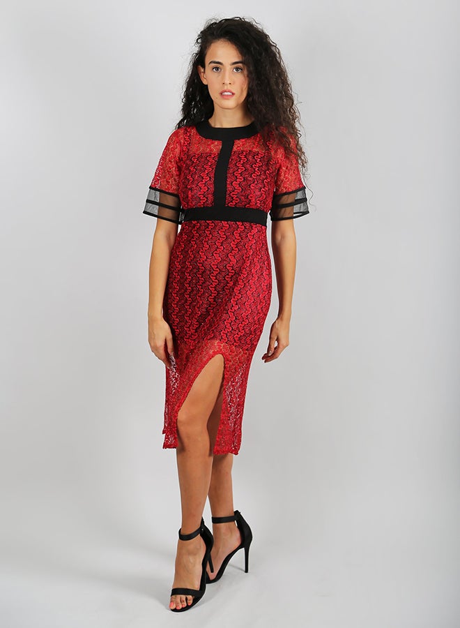 Raw Orange Round Neck Midi Dress Red/Black  - Image 1