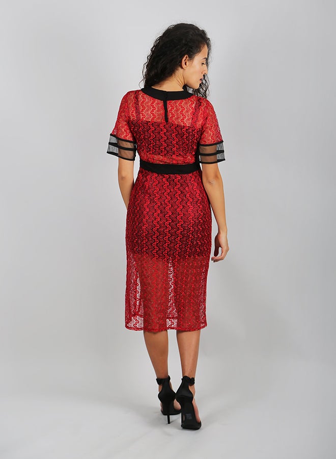 Raw Orange Round Neck Midi Dress Red/Black  - Image 2