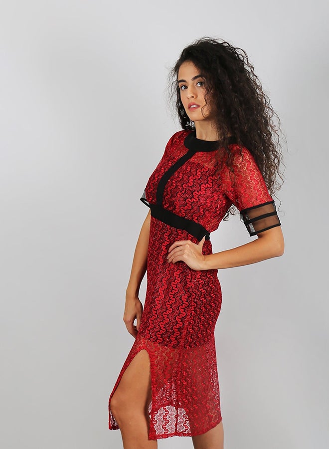 Raw Orange Round Neck Midi Dress Red/Black  - Image 3