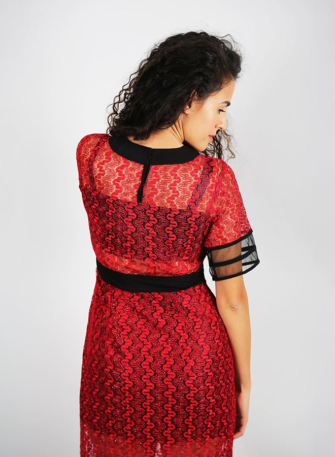 Raw Orange Round Neck Midi Dress Red/Black  - Image 4