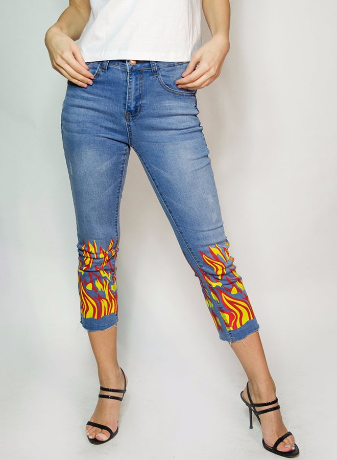 Raw Orange - Mid Rise Fire Printed Jeans Blue/Yellow/Red - Image 1
