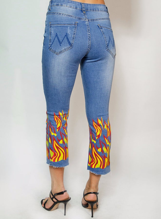 Raw Orange - Mid Rise Fire Printed Jeans Blue/Yellow/Red - Image 1