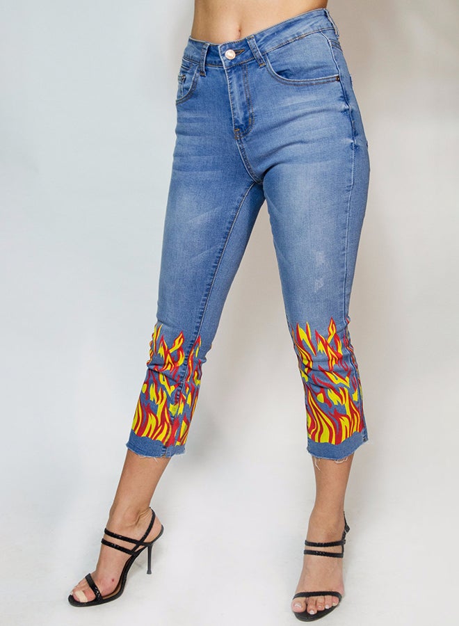 Raw Orange - Mid Rise Fire Printed Jeans Blue/Yellow/Red - Image 1