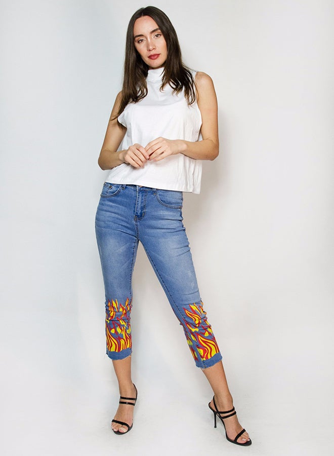 Raw Orange - Mid Rise Fire Printed Jeans Blue/Yellow/Red - Image 1
