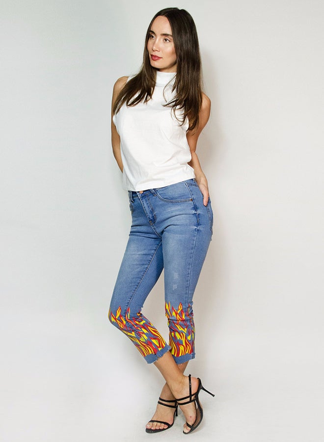 Raw Orange - Mid Rise Fire Printed Jeans Blue/Yellow/Red - Image 1