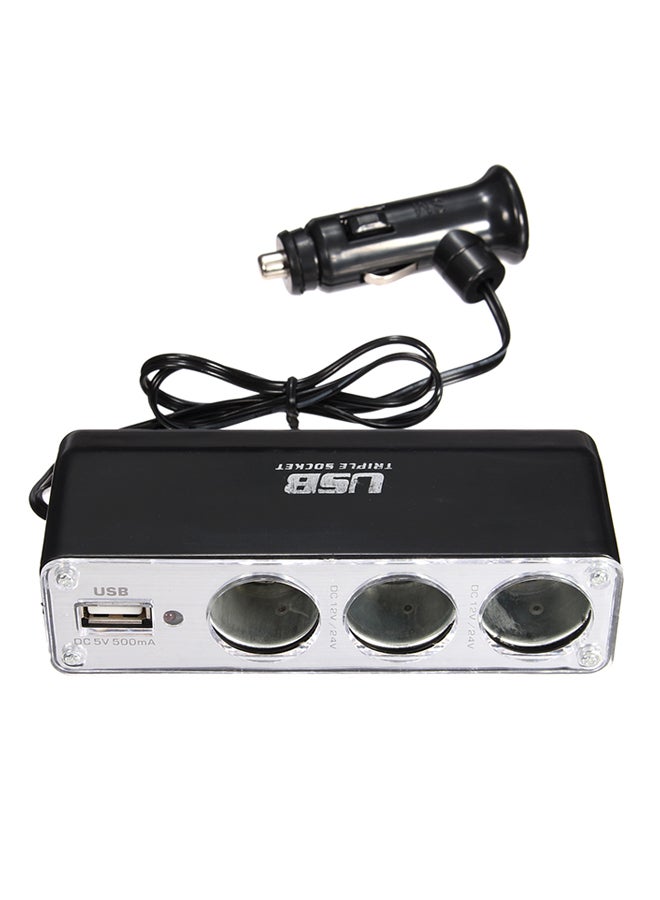 شاحن سيارة بمنفذ USB مع مقبس ثلاثي أسود/ فضي