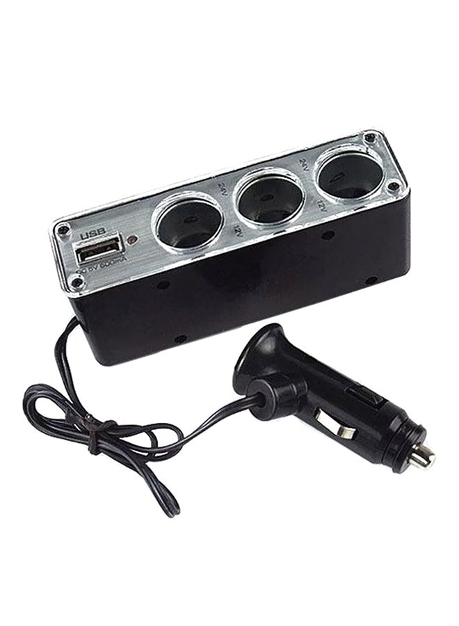 شاحن سيارة بمنفذ USB مع مقبس ثلاثي أسود/ فضي - Image 1