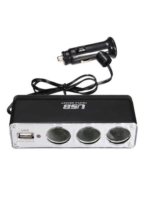 USB Car Charger With Triple Socket Silver/Black
