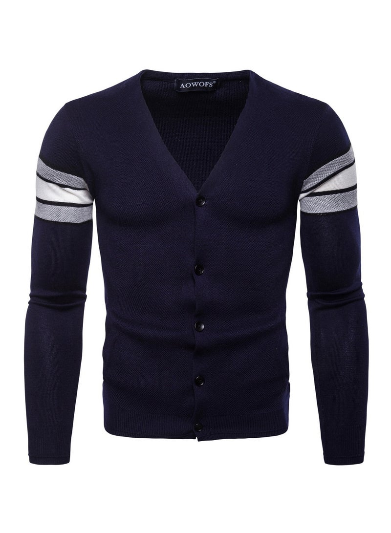 Slim Fit Long Sleeve Cardigan Navy Blue/White/Grey - Image 1