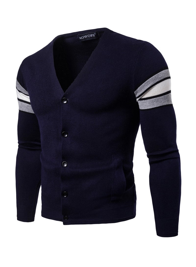 Slim Fit Long Sleeve Cardigan Navy Blue/White/Grey - Image 3