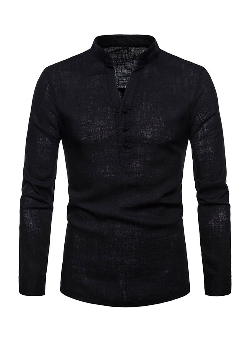 Solid Linen Long Sleeve Shirt Black - Image 1