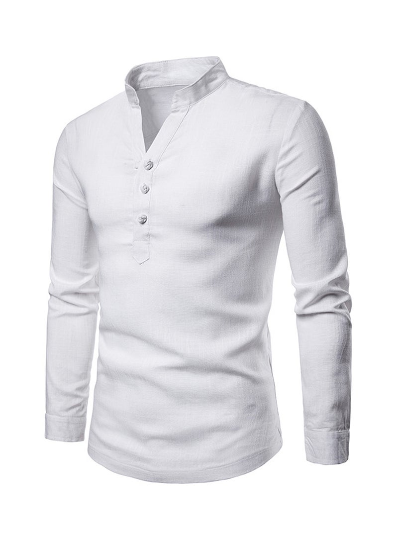 Solid Linen Long Sleeve Shirt White - Image 3