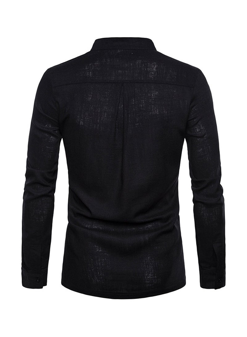 Solid Linen Long Sleeve Shirt Black - Image 2