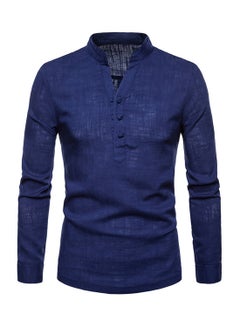 Generic Solid Linen Long Sleeve Shirt Navy Blue  - Image 1
