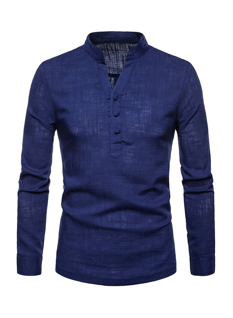 Solid Linen Long Sleeve Shirt Navy Blue - Image 1