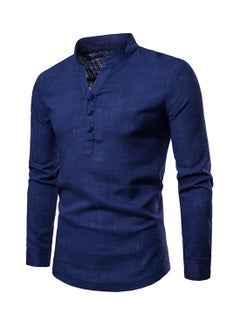 Generic Solid Linen Long Sleeve Shirt Navy Blue  - Image 3