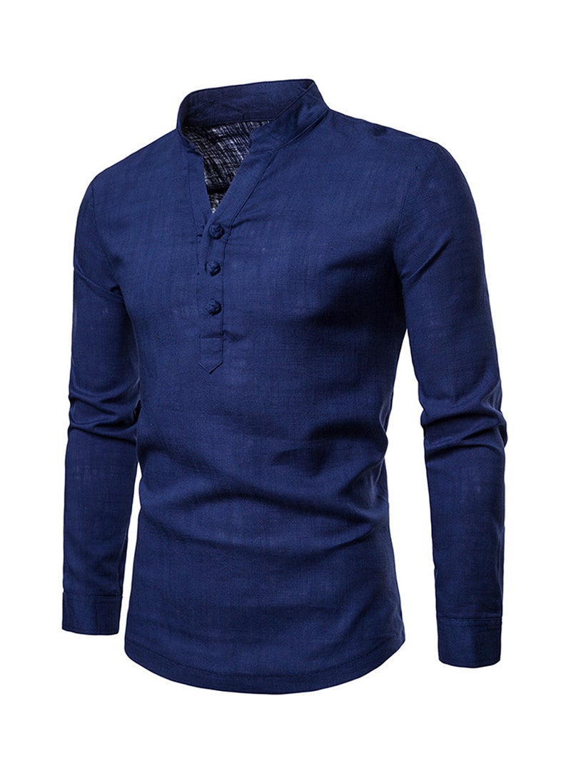 Solid Linen Long Sleeve Shirt Navy Blue - Image 3