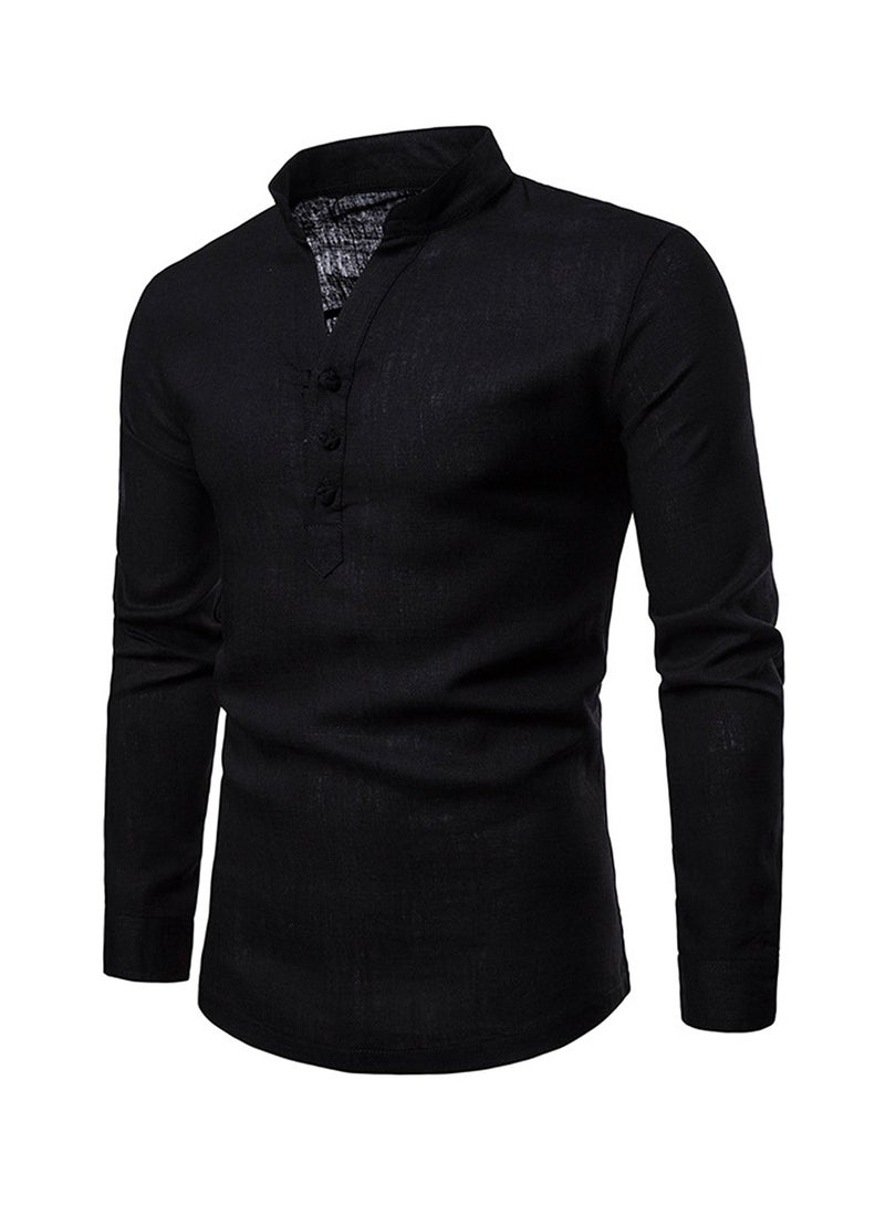 Solid Linen Long Sleeve Shirt Black - Image 3