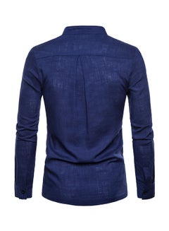 Generic Solid Linen Long Sleeve Shirt Navy Blue  - Image 2