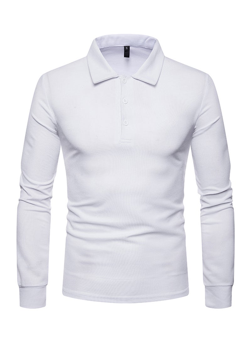 Solid Lapel Long Sleeve Polo T-Shirt White  - Image 1