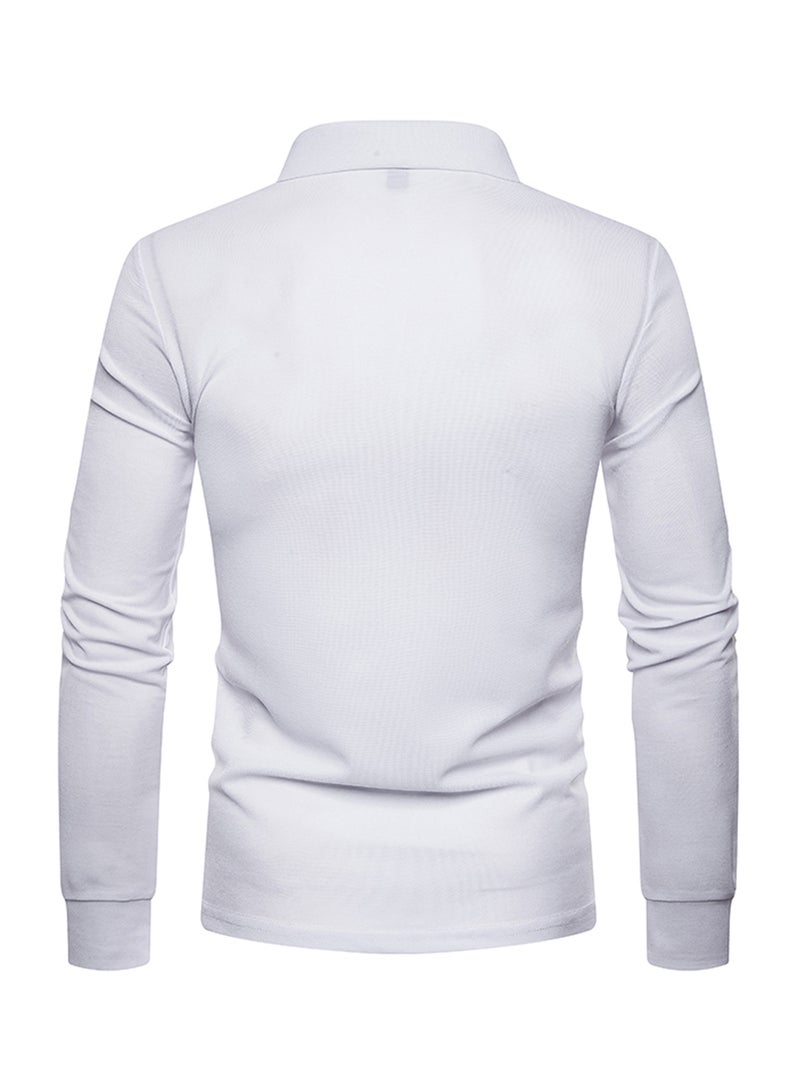Solid Lapel Long Sleeve Polo T-Shirt White  - Image 2