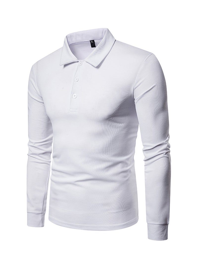 Solid Lapel Long Sleeve Polo T-Shirt White  - Image 3