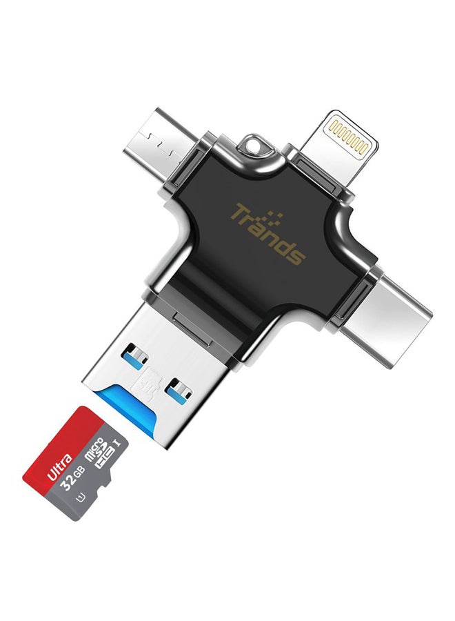 تراندز قارئ بطاقة Micro SD TF بتصميم 4 في 1 مزوّد بمنفذ Micro USB /Type-C /Lightning /USB 3.0 أسود - Image 2
