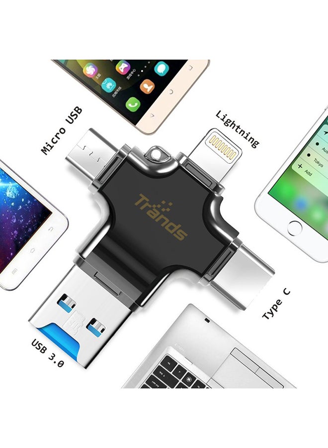 تراندز قارئ بطاقة Micro SD TF بتصميم 4 في 1 مزوّد بمنفذ Micro USB /Type-C /Lightning /USB 3.0 أسود - Image 4